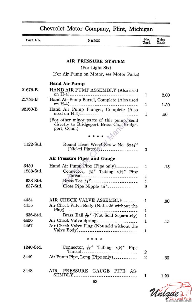 1912 Chevrolet Light and Little Six Parts Price List Page 53
